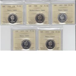 25-cent 1965, 1968 Nickel, 1969, 1970 & 1975 ICCS PL66 Heavy Cameo. Lot of 5 coins.