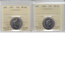 25-cent 1988 & 1991 ICCS MS65. 2pcs