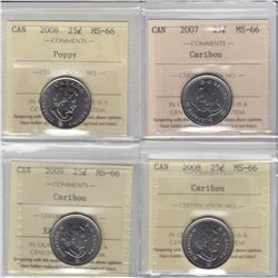 25-cent 2007 caribou, 2008 poppy, 2008 caribou & 2009 caribou ICCS MS66. The 2008 Poppy is tied for 