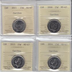 25-cent Caribou 2008, 2011, 2014 & 2015 ICCS MS67.  All coins tied for finest known. 4pcs