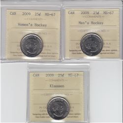 25-cent 2009 Men's Hky, 2009 Women's Hky & 2009 Klassen ICCS MS67. All coins tied for finest known. 