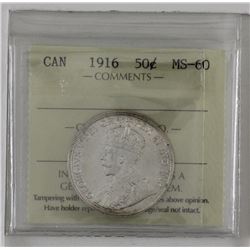 50-cent 1916 ICCS Certified MS60. A Bright lustrous coin with a strong reverse.