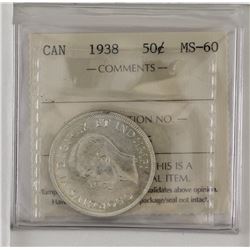 50-cent 1938 ICCS Certified MS60. A Bright white coin with exceptional reverse.