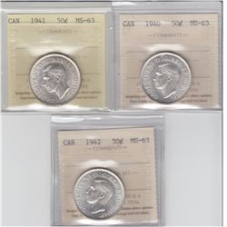 50-cent 1940, 1941 & 1942 ICCS MS63. 3pcs.