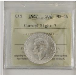 50-cent 1947 'Curved Right' ICCS Certified MS-64. A choice coin with near blast white fields and gre