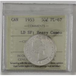 50-cent 1953 Large Date, SF ICCS PL67 Heavy Cameo. Tied for the highest technical grade