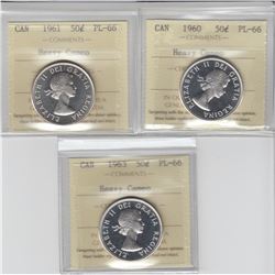 50-cent 1960, 1961 & 1963 ICCS PL66 Heavy Cameo. 3pcs