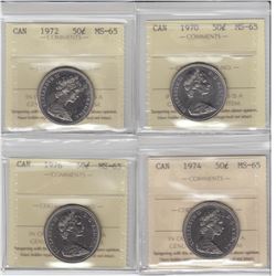 50-cent 1970, 1972, 1974 & 1976 ICCS MS65. 4pcs