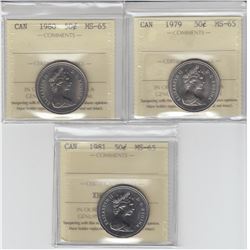 50-cent 1979, 1980 & 1981 ICCS MS65. 3pcs