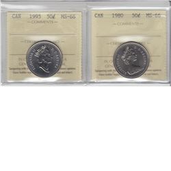 50-cent 1980 & 1995 ICCS MS66. 2pcs