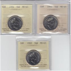 50-cent 1993, 1994 & 1995 ICCS MS65. 3pcs