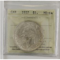 silver $1 1937 ICCS MS64. Bright coin with attractive lustre.