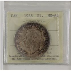 silver $1 1938 ICCS MS64. Nice toning