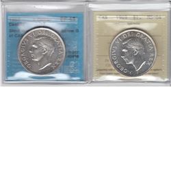 Silver $1 1949  ICCS MS64 and 1952 SWL silver $1 CCCS EF45 with die chip below 'D' of Canada on the 