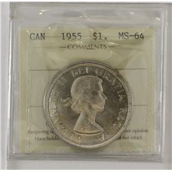 silver $1 1955 ICCS Certified MS64. A Lustrous coin with some soft hints of Golden toning.