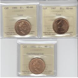 loon $1 1987, 1991 & 1992 confederation ICCS MS66. 3pcs