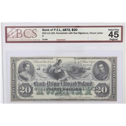 1872 Bank of Prince Edward Island $20.  600-12-16R, Remainder, S/N: 04398, BCS EF-45, Original.  An 