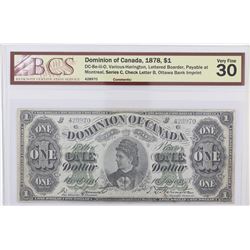 1878 Dominion of Canada $1.  DC-8e-iii-O, Lettered Boarder, Payable at Montreal, Ottawa Imprint, S/N
