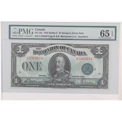 1923 Dominion of Canada $1.  DC-25j, Green Seal,  Group 2, S/N: C3363074, PMG GUNC-65, EPQ