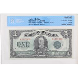 1923 Dominion of Canada $1.  DC-25j, Green Seal, Group 2, S/N: C5197009, CCCS UNC-60.  A nice well c
