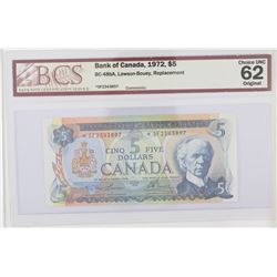 1972 Bank of Canada Replacement $5.  BC-48bA, S/N: *SF2343897, BCS CUNC-62, Original
