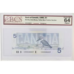 1986 Bank of Canada Changeover $5.  BC-56a, Yellow Back Position Number, S/N: EOH0288809, BCS CUNC-6