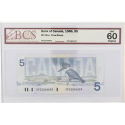 1986 Bank of Canada Changeover $5.  BC-56a-i, S/N: EPC2344859, BCS UNC-60, Original