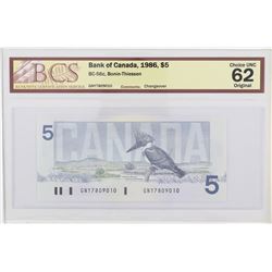 1986 Bank of Canada Changeover $5.  BC-56c, S/N: GNY7809010, BCS CUNC-62, Original