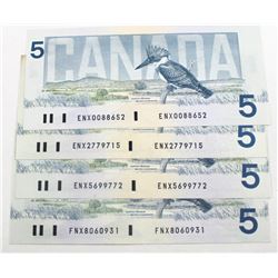 Group lot of 4 x 1986 $5 second generation replacement notes.  BC-56aA, BC-56aA-i, BC-56bA ENX, BC-5