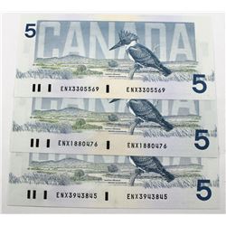 Group of 3 x different 1986 Replacement $5 notes with ENX prefix in CUNC