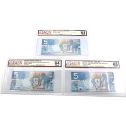 Group lot of 3 x unique 2006 insert replacement $5 notes, BCS CUNC-64 or higher