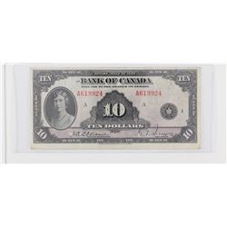 1935 Bank of Canada $10.  BC-7, English, S/N: A619924, VF