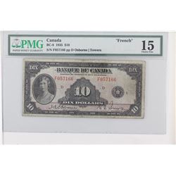 1935 Bank of Canada $10.  BC-8, French, S/N: F057166, PMG F-15
