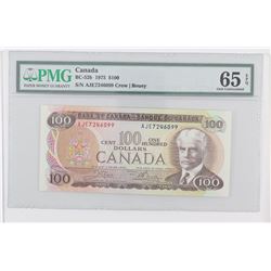 1975 Bank of Canada $100.  BC-52b, S/N: AJE7246099, PMG GUNC-65, EPQ