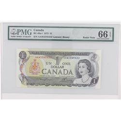 1973 Bank of Canada Ascending/Descending RADAR $1.  BC-46a-i, S/N: AAW2345432, PMG GUNC-66, EPQ.  A 