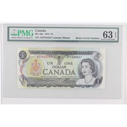 1973 Bank of Canada Descending/Ascending RADAR $1.  BC-46a, S/N: AP7654567, PMG CUNC-63, EPQ