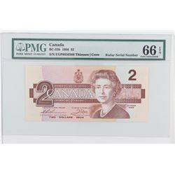 1986 Bank of Canada 2 digit RADAR $2.  BC-55b, S/N: EGP6656566, PMG GUNC66, EPQ