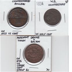 Counterstamped Lot of 3x United States Copper coins. Set includes: 1834 Half Cent with "W.B.", 1852 