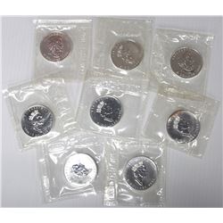 RCM Lot; 8 x Pliofilm Plastic Sealed Canada $5 silver Maple Leafs. Years Included: 1990, 91, 94, 95,