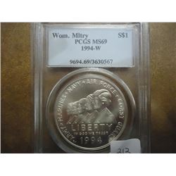 1994-W WOMEN IN THE MILITARY SILVER $ PCGS MS69