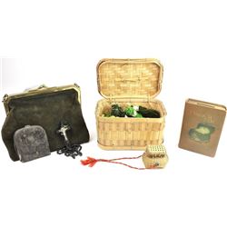 Collection of misc. items includes sewing basket,