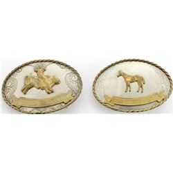 Pair of vintage cowboy buckles marked nickel