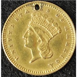 One dollar gold coin 1861 punched.