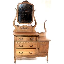 Antique oak wash stand with mirror,