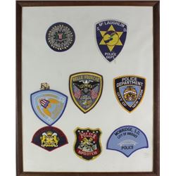 Framed collection of 8 law enforcement patches