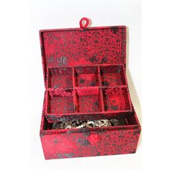 RED AND BLACK SILK JEWLLERY BOX WITH CONTENTS