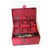 Image 1 : RED AND BLACK SILK JEWLLERY BOX WITH CONTENTS