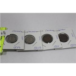 FOUR  GERMAN COINS, 1874, 1909, 1911, 1924