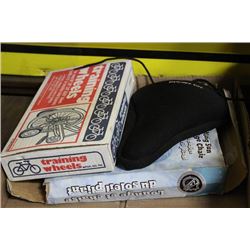 FLAT OF MISC INCLUDES DOUBLE GEL BIKESEAT, FOOD