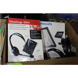 BOX OF MISC INCLUDES TABLET CASE, HEADSET SYSTEM,